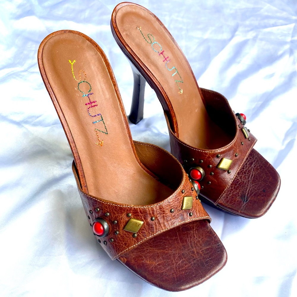 Schultz sandals/heels. Size 6. Brown leather with studs and gold tone hardware.